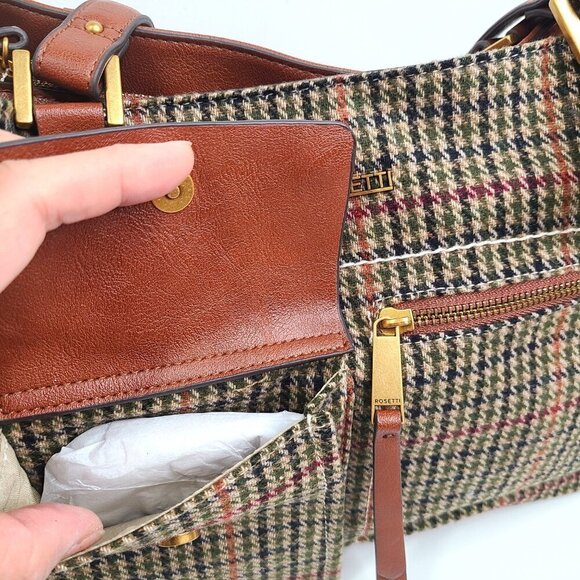 NWT ROSETTI Brown Hunter Plaid Tweed Kayla Satchel Shoulder Bag Purse Handbag - Picture 4 of 13